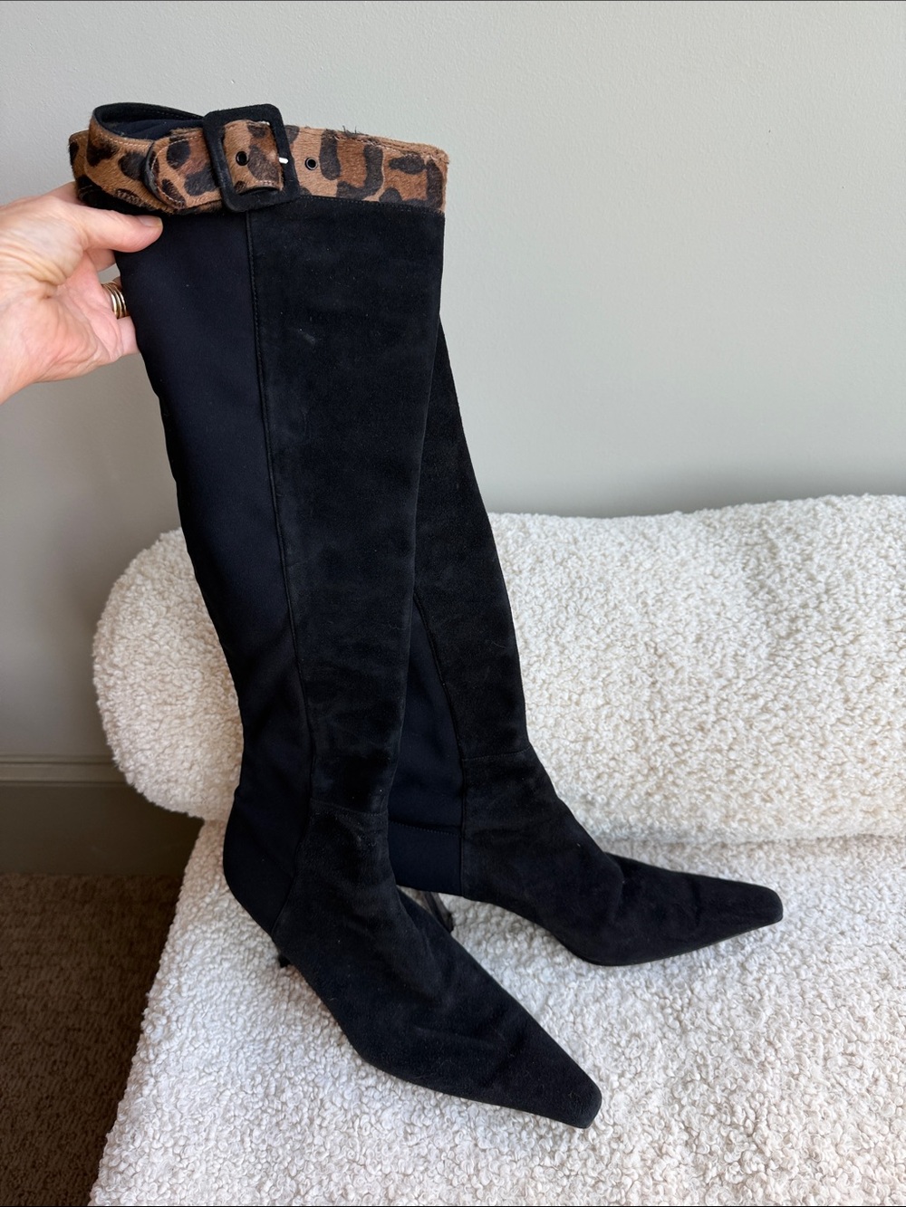Stuart Weitzman Black Over-the-Knee Boots with Leopard Trim